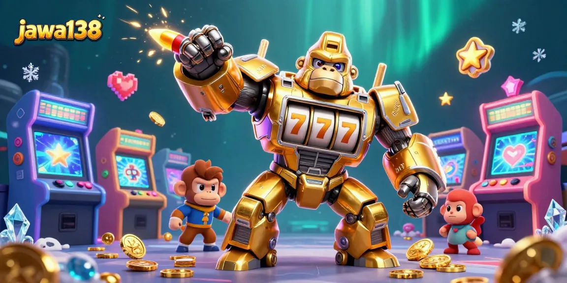 jawa138 showcases a dynamic casino scene with a golden gorilla mech surrounded by vibrant gaming elements.
