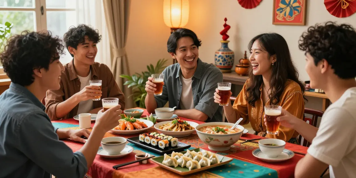 Gathering at https://hanadultalk.com showcasing the joy of sharing Asian culture through food and conversation among diverse friends.