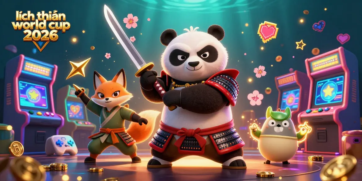 Action-packed scene featuring lịch thi đấu world cup 2026 with samurai panda, ninja fox, and tanuki in a colorful casino setting.