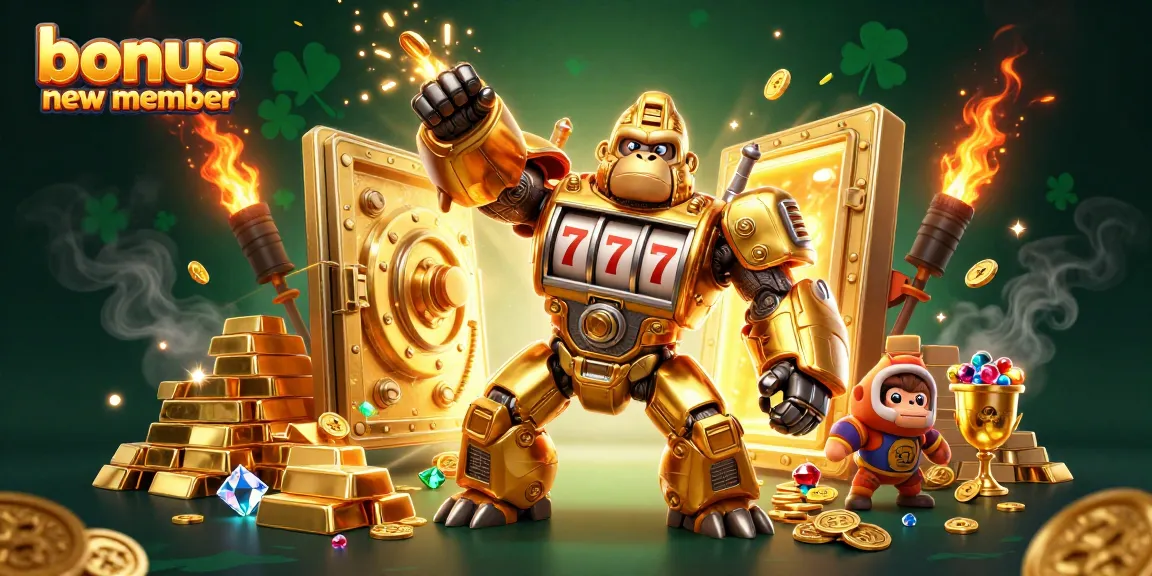 Engage with bonus new member offers through our exciting golden gorilla mech slots illustration.