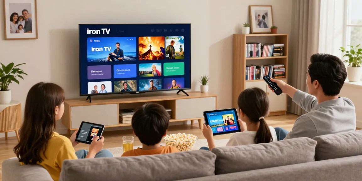 Enjoying content on Iron TV in a cozy family living room with smart TV and tablets.
