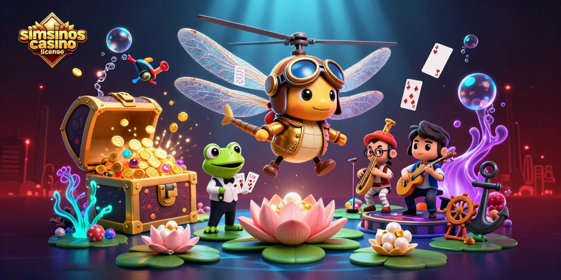 Illustration captivante sur la licence simsinos casino avec un pilote, un croupier et des musiciens.