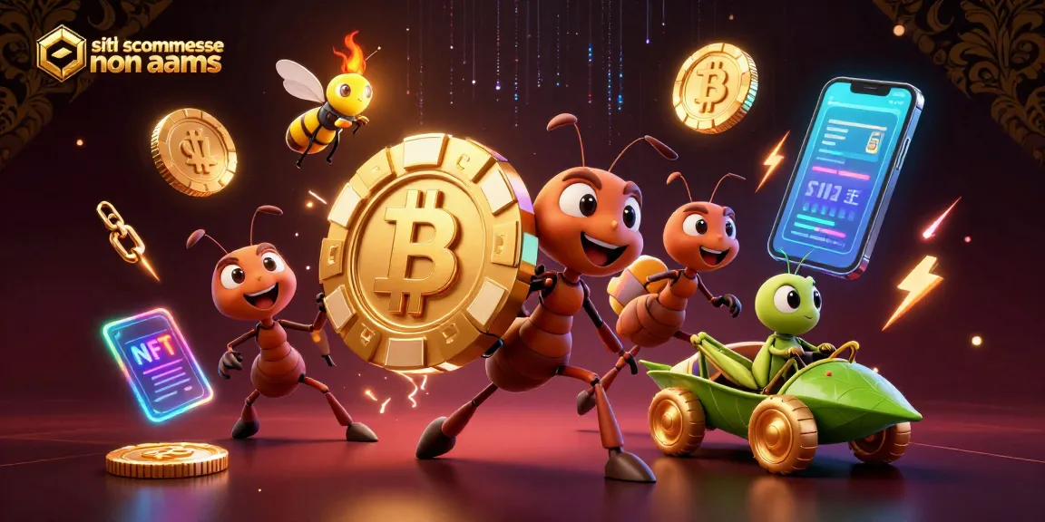 Piazza scommesse non AAMS con una squadra di formiche in fuga mentre trasportano una fiches d'oro gigante, circondate da elementi di criptovaluta scintillanti.