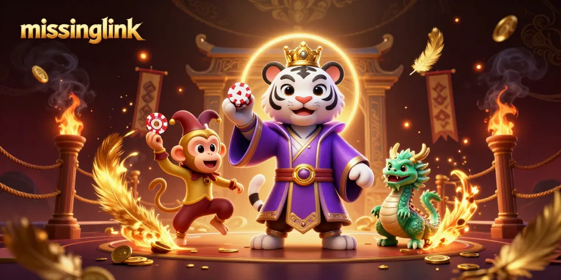 Experience casino excitement with the missinglink platform, featuring a royal tiger and playful monkey juggling chips.