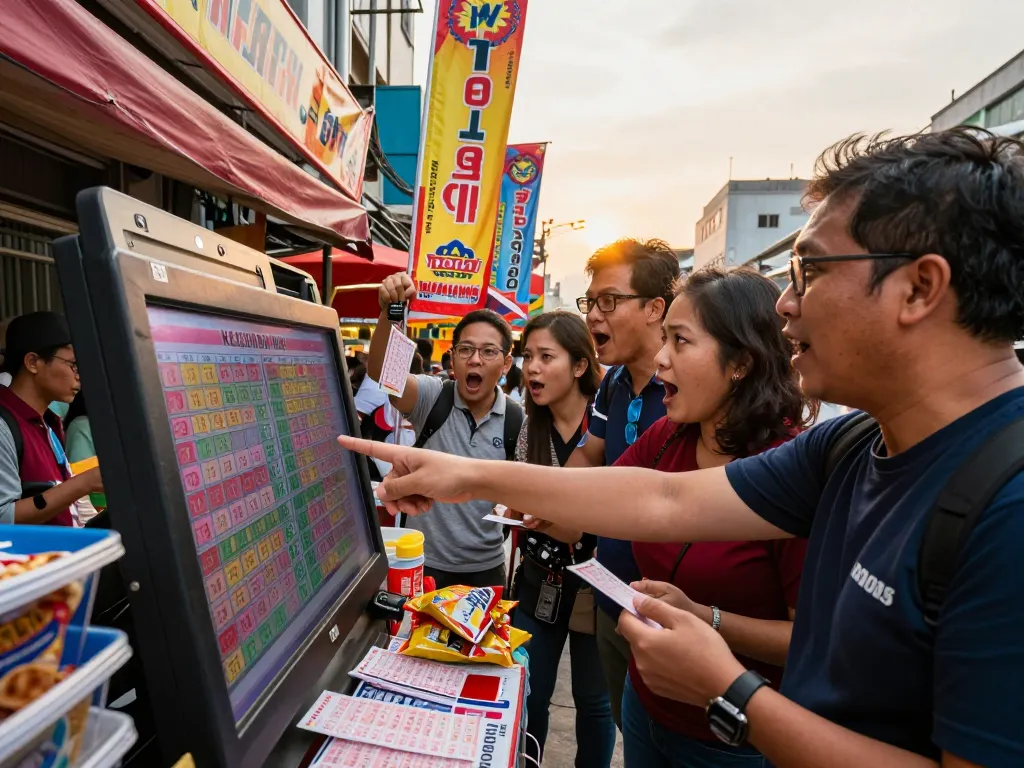 Real-time Keluaran HK results displayed with excited players in an urban setting.
