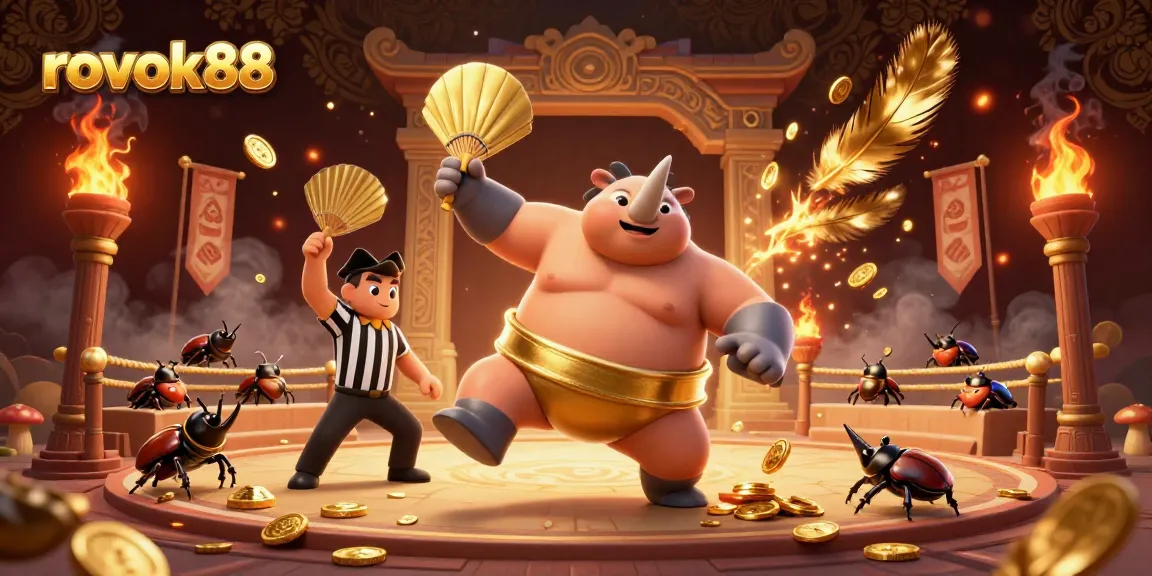 Experience epic gameplay with rokok88 as a beetle champion stomps golden coins in a vibrant arena.