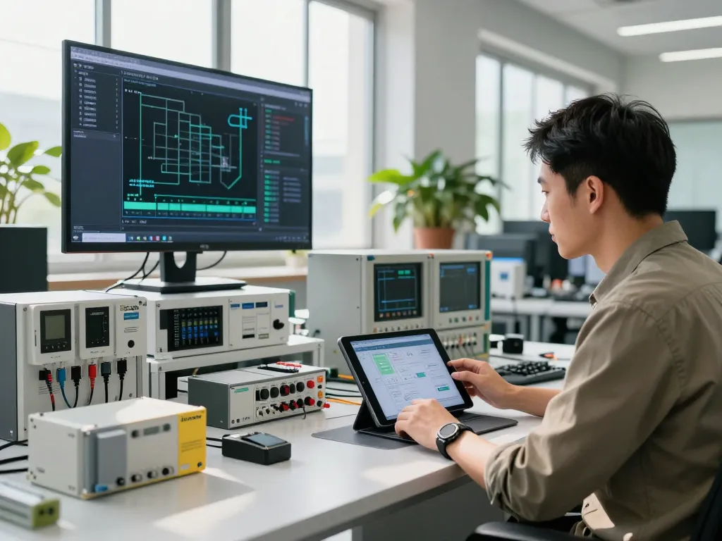 Engineer's workspace at Hải Phòng Tech featuring PLC, sensors, and modern technology.