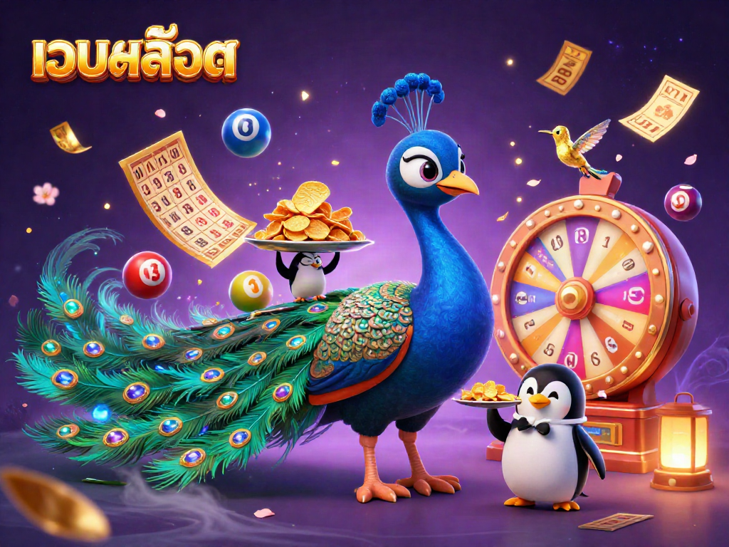 Engage with เว็บสล็อต through colorful lottery elements in a vibrant 3D casino scene.