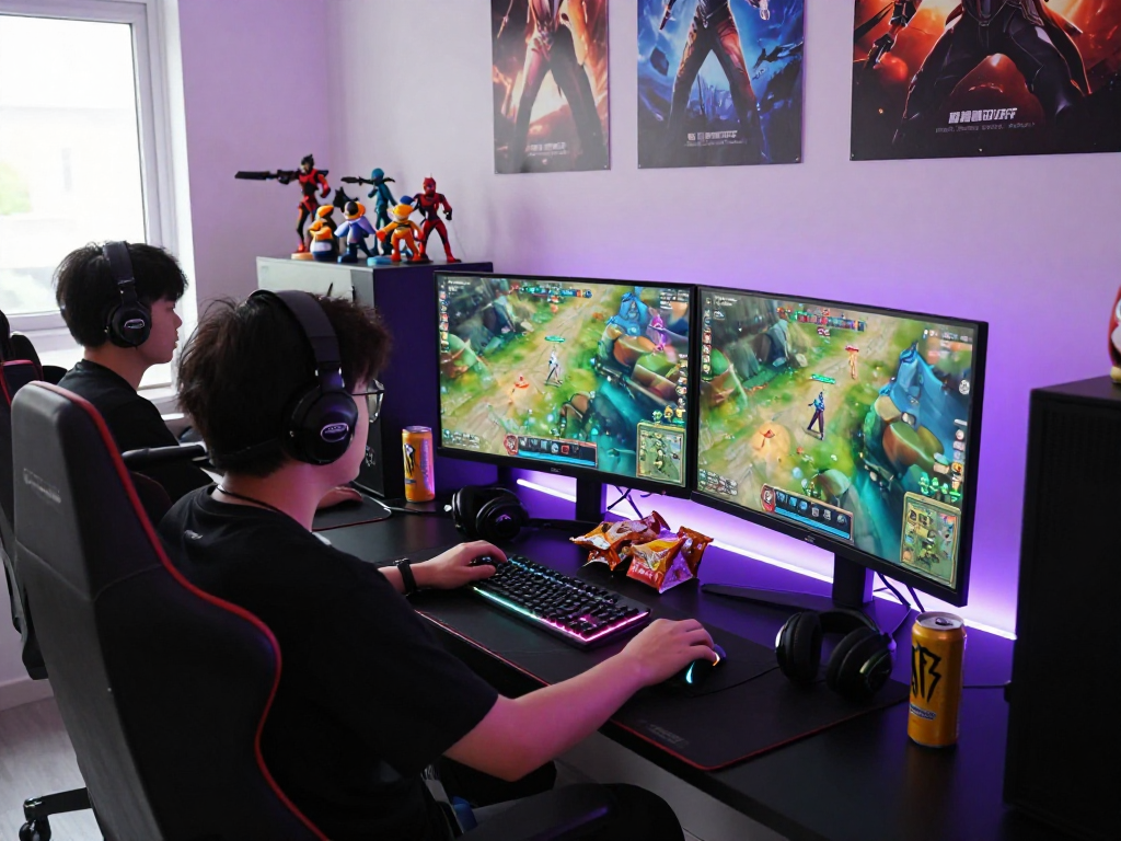 Player enjoying rokok88 login in a vibrant gaming lounge setup full of tech and snacks