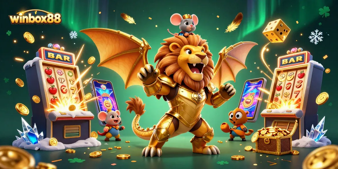 Experience the excitement of winbox88 with vibrant casino elements and a triumphant chimera illustration.