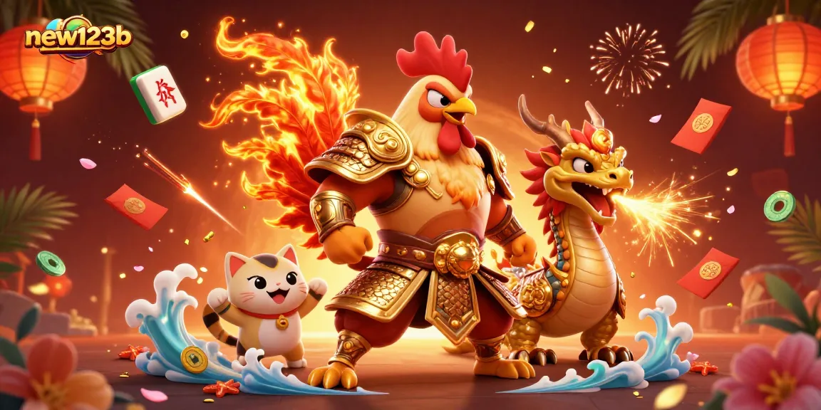 Experience exciting gameplay at new123b with a dynamic 3D illustration featuring vibrant characters and rich casino elements.