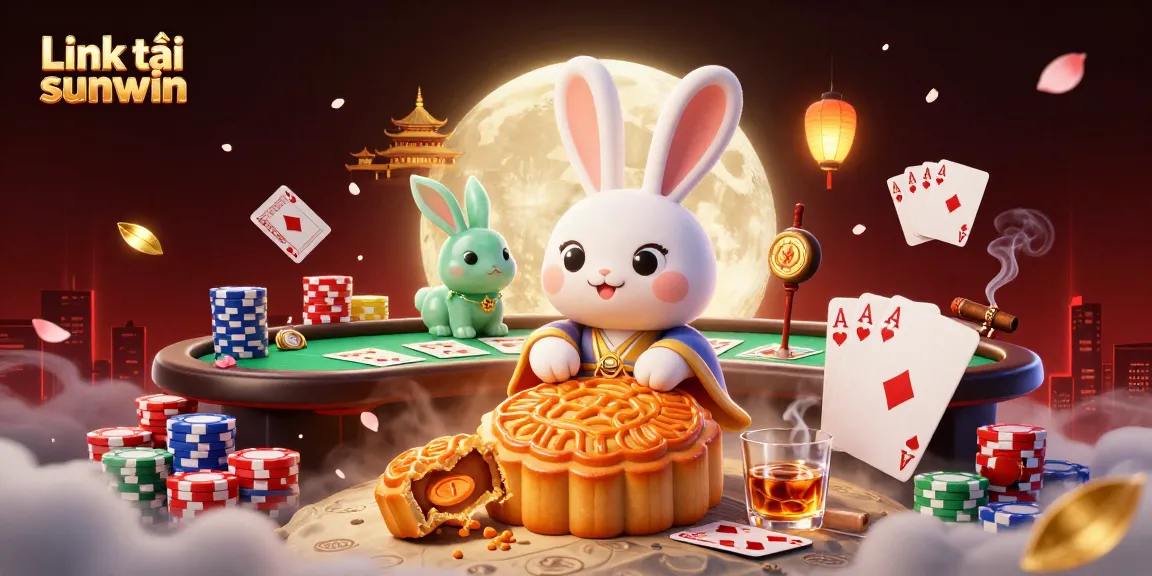 Play to win with Link tải sunwin, featuring a dynamic illustration of moon rabbits and poker elements.