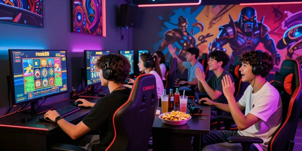 Engaging group playing rokok88 slot game on a large screen in a vibrant gaming room.