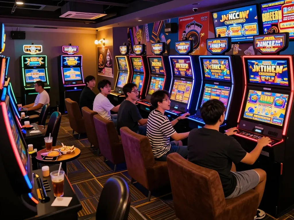 Players enjoying slot gacor games in vibrant gaming lounge atmosphere