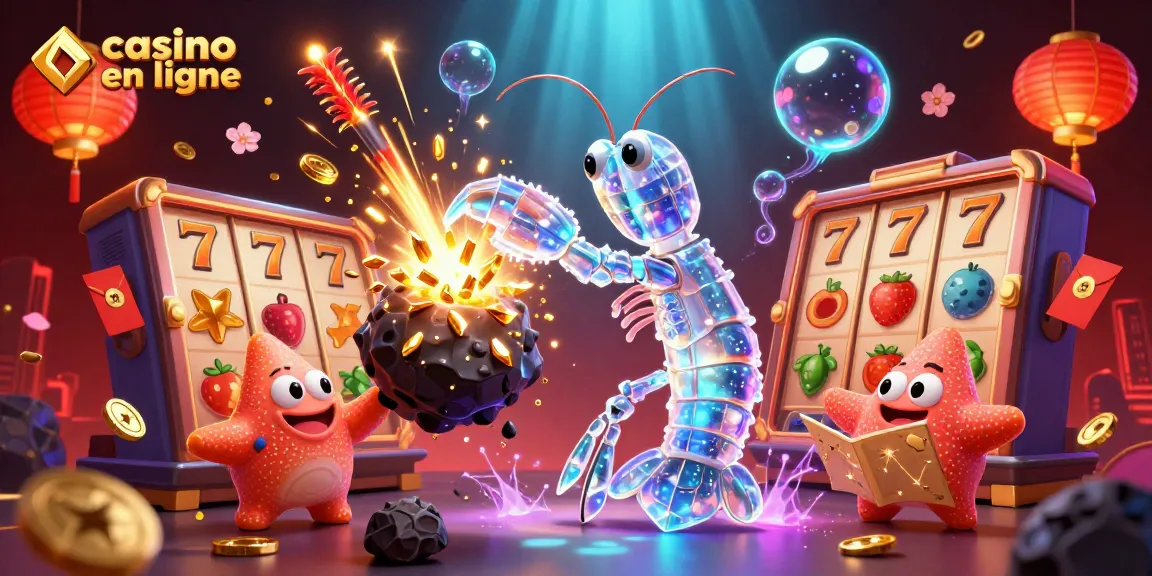 Illustration représentant un casino en ligne animé avec un crevette-mante galactique et des éléments festifs, évoquant l'excitation du jeu.