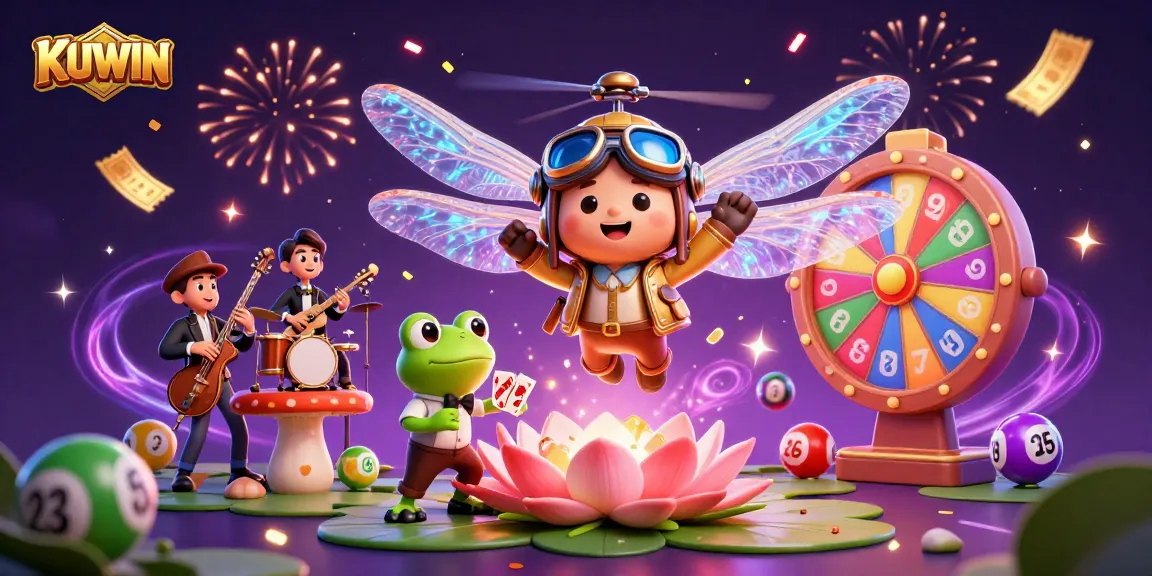 KUWIN showcases an exciting online casino scene with a dragonfly pilot, frog dealer, and vibrant lottery elements.