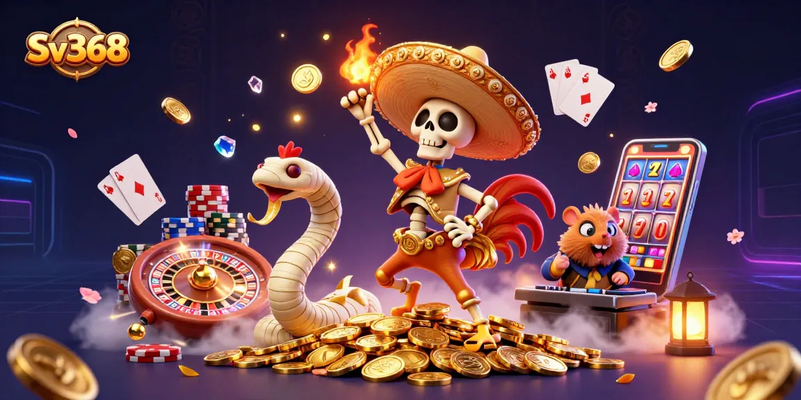 Win big at Sv368 with a vibrant casino scene featuring thrilling gaming elements and playful characters.