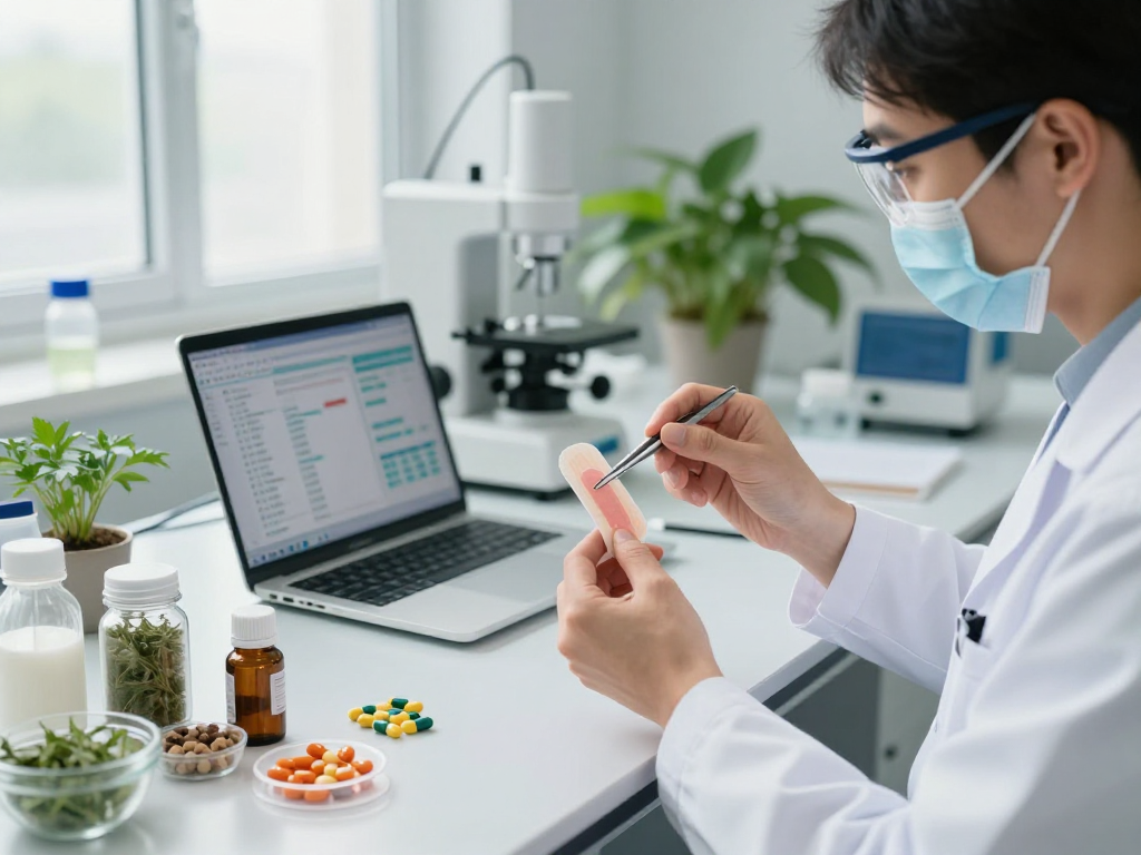 BPC 157 Benefits illustrated by a scientist examining innovative buccal strips in a modern health lab.