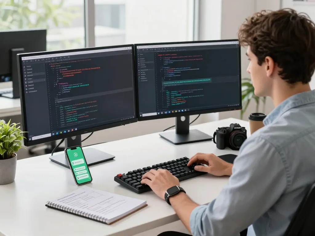 Developer utilizing Clawdbot in a modern workspace with dual monitors, coding, and messaging notifications.
