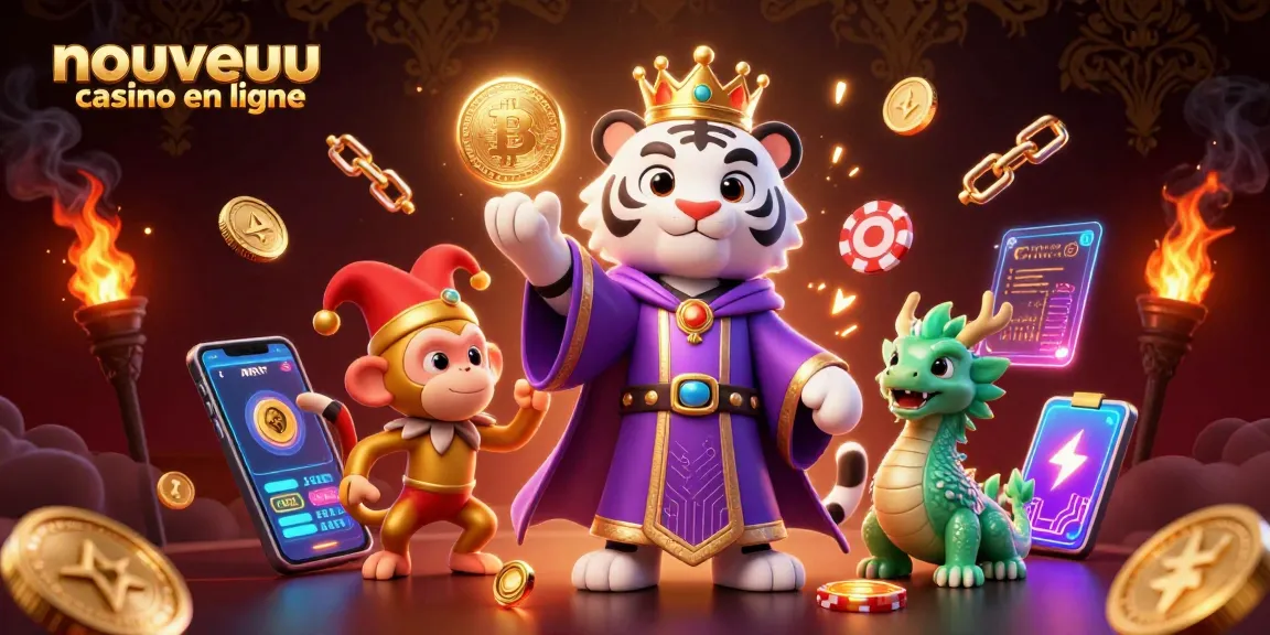Jouez au nouveau casino en ligne avec un tigre élégant et un singe jongleur entourés de pièces crypto.