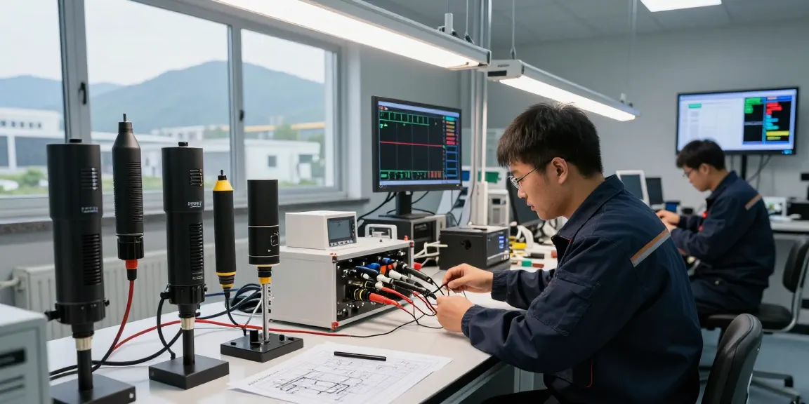 Technician assembling geophone connectors in a modern lab setting with equipment and detailed technical diagrams.