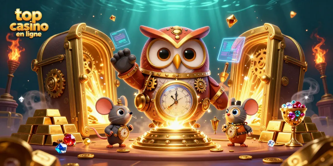 Jouez dans le meilleur casino en ligne et découvrez une illustration captivante avec un hibou, une souris et des trésors !