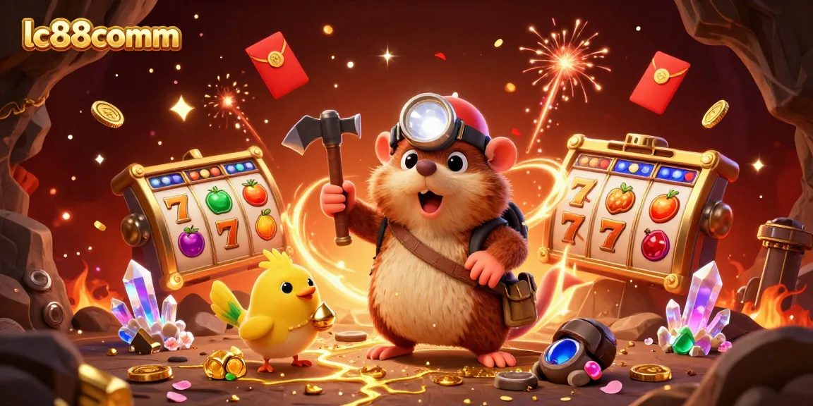Engage with lc88comm's thrilling slot gaming experience amidst treasure and celebratory animations.