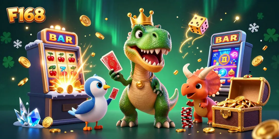 Experience thrilling actions at F168 casino with T-Rex shuffling cards and slot machines bursting with gold.
