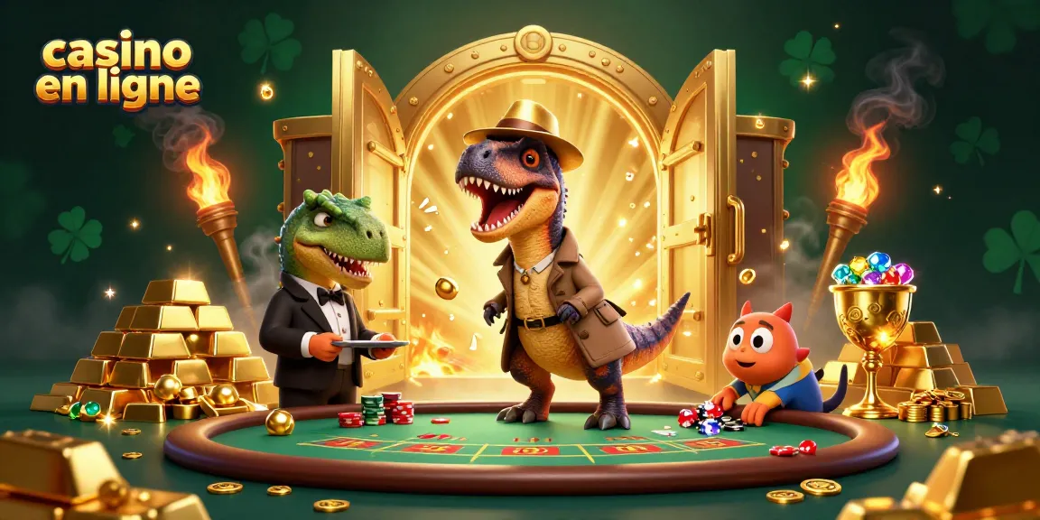 Le velociraptor dans un casino en ligne profite de jeux de blackjack, entouré de trésors éclatants.