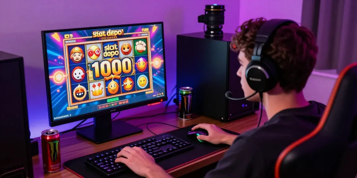 Engaging player enjoying 'slot depo 1000' game experience at home with vibrant visuals.