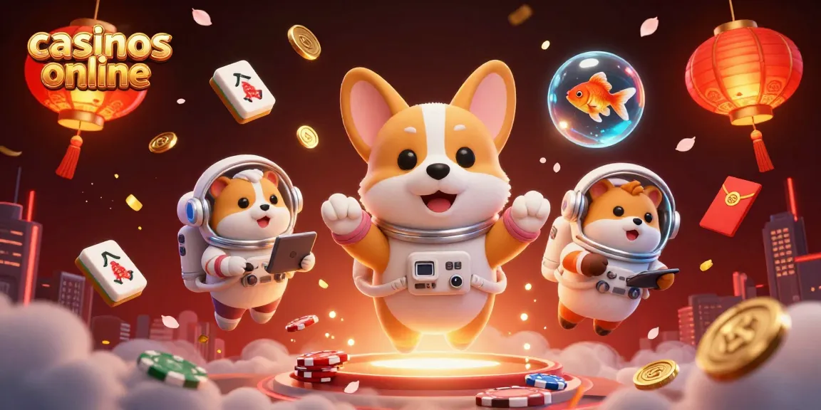 Disfruta de juegos en casinos online mientras un corgi astronauta flota entre fichas y monedas doradas.