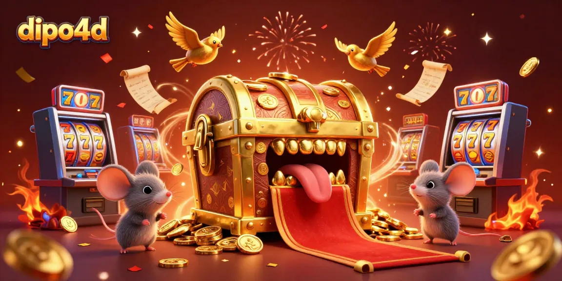Spin to win at dipo4d with a treasure chest and vibrant slots in a festive casino scene.