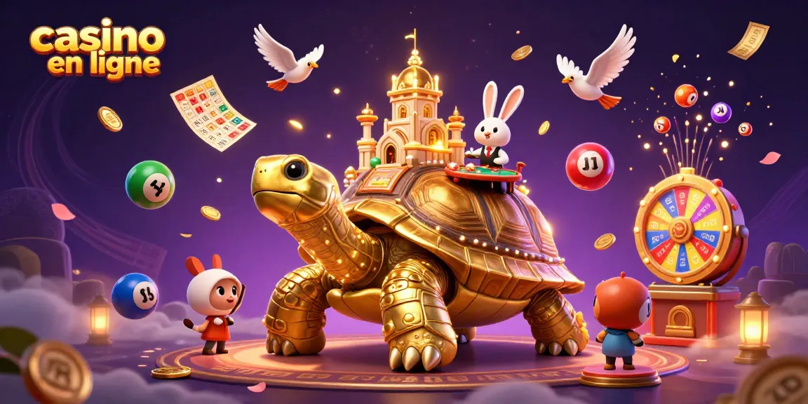 Une illustration dynamique de casino en ligne avec une tortue en or et un croupier pour gagner gros.