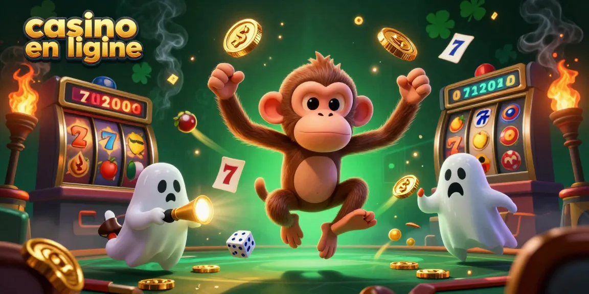 Jouer au casino en ligne avec une illustration dynamique et attrayante mettant en scène un singe poltergeist ludique.