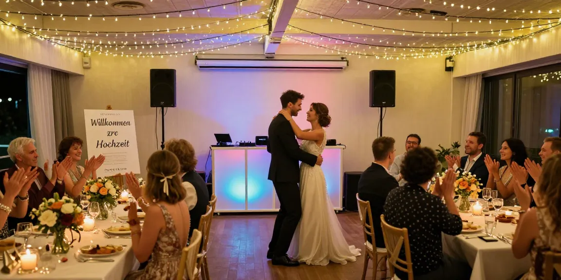 DJ für Hochzeit Berlin sorgt für eine unvergessliche Feier mit tanzenden Paaren und fröhlichen Gästen in einem festlich dekorierten Saal.