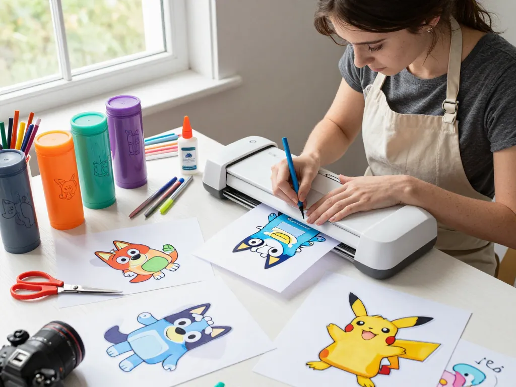 Creative workspace showcasing SVG files for tumblers with a Cricut machine in action.