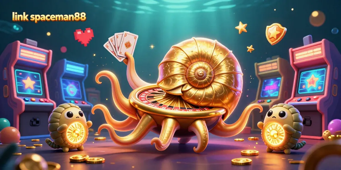 Spin the roulette at link spaceman88 with a cartoon nautilus and glowing ammonite, vibrant gambling scene.