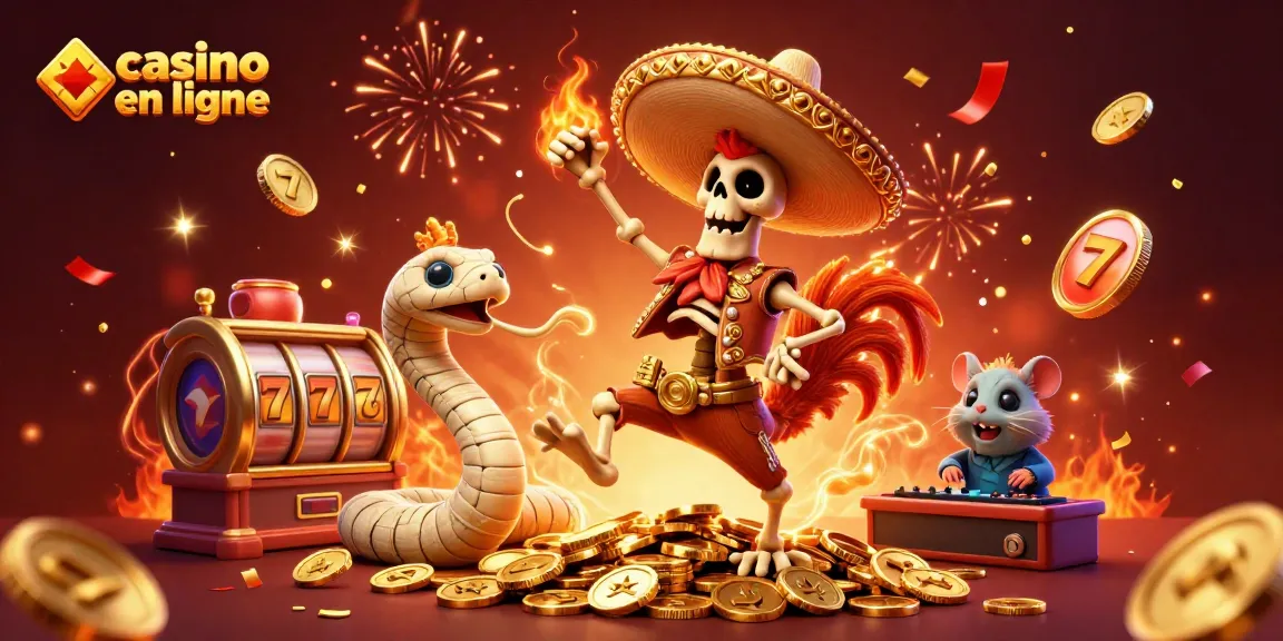 Une victoire au casino en ligne avec des personnages festifs et des éléments de jeu dynamiques.