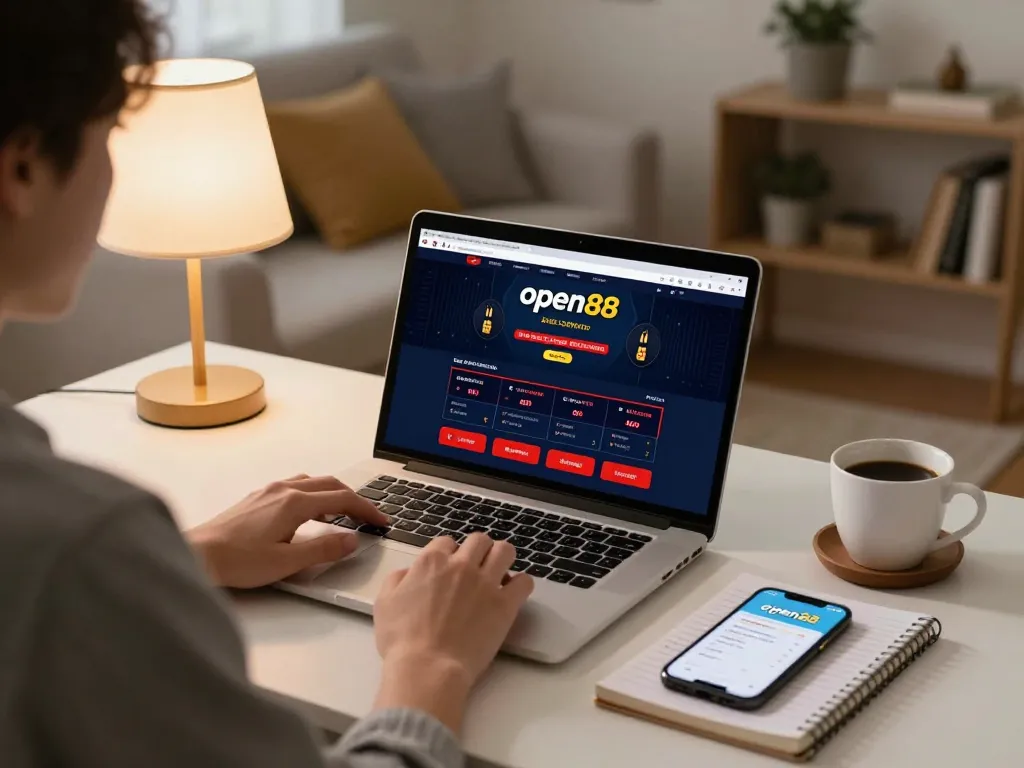 Explore exciting online betting at open88 with a cozy gaming setup featuring a laptop and strategies.