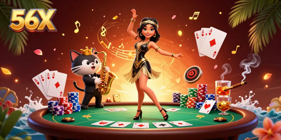 Engaging 56X casino experience features vibrant 3D visuals of lively dance and poker action.