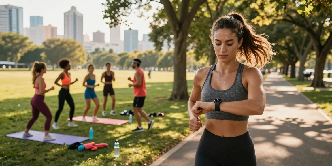 Wanita muda memantau smartwatch Fitbit Luxe https://www.polarfitbitshop.com/fitbit-luxe/ saat berlari di taman urban yang cerah, dikelilingi teman-teman yang berolahraga.
