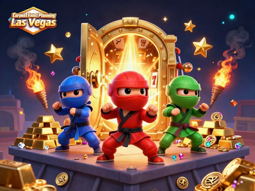 Engage with Corporate Event Planning Las Vegas in a vibrant 3D scene featuring ninja chameleons amidst casino elements.