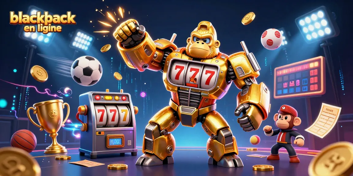 Jouez au blackjack en ligne avec un gorille mech doré inspiré des machines à sous et des éléments de casino.