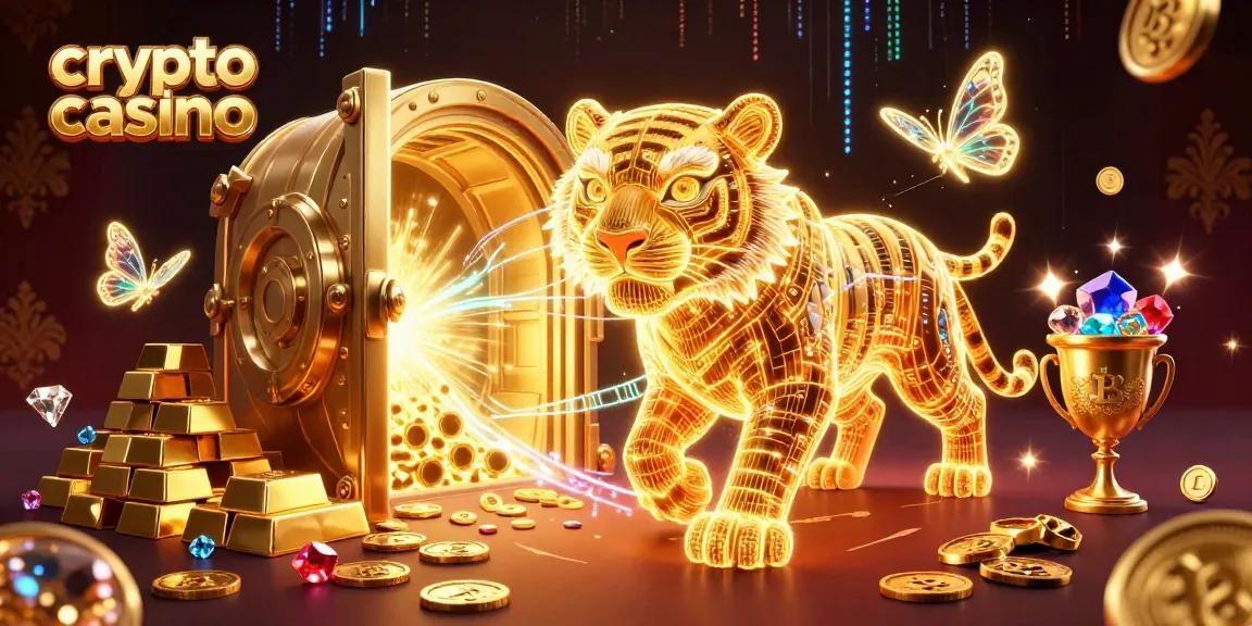 Plongez dans un crypto casino immersif avec un tigre d'énergie lumineuse et des éléments de blockchain scintillants.