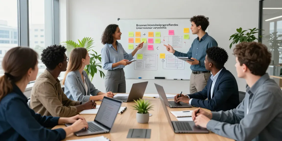 Dynamic teamwork discussing branchenübergreifendes unternehmer-verzeichnis strategies in a modern office.
