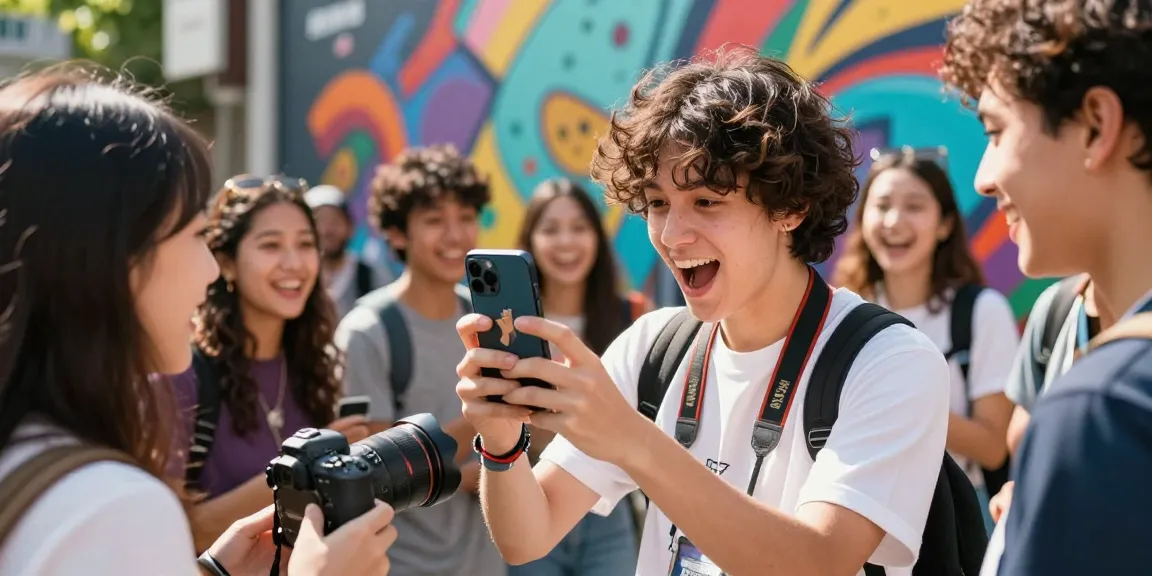 Young person discovering their celebrity look alike with friends in an urban setting.