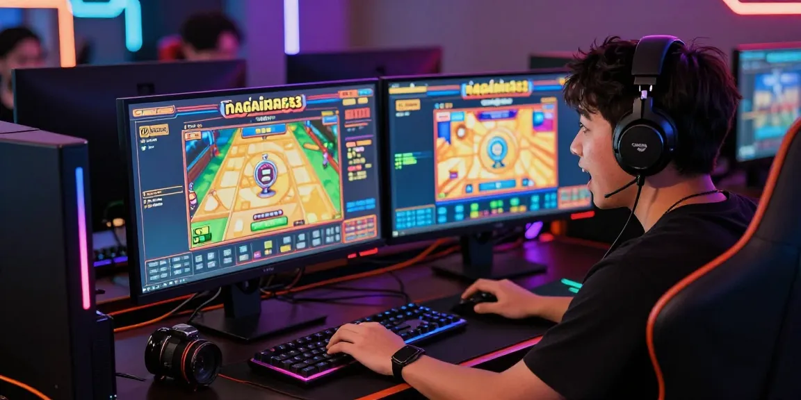 Gamer bermain di komputer dengan slot online nagahitam303 yang cerah dan aksesori permainan di sekitarnya.