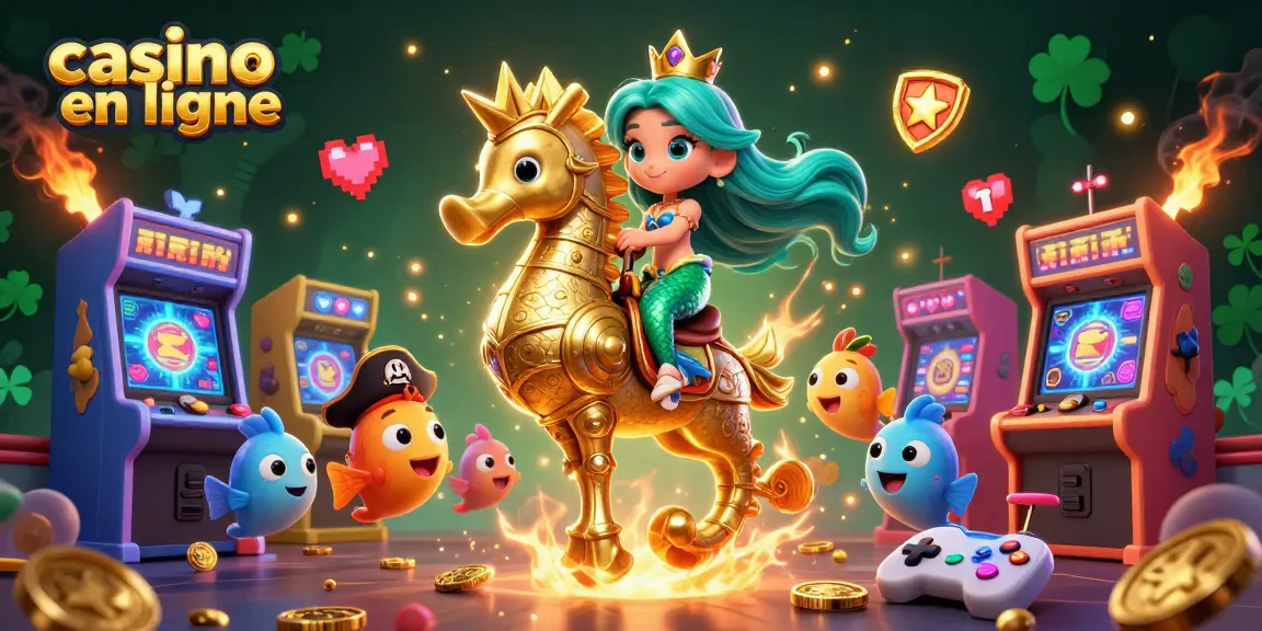 Illustrez la magie du casino en ligne avec une sirène et son hippocampe doré dans un environnement 3D vibrant.