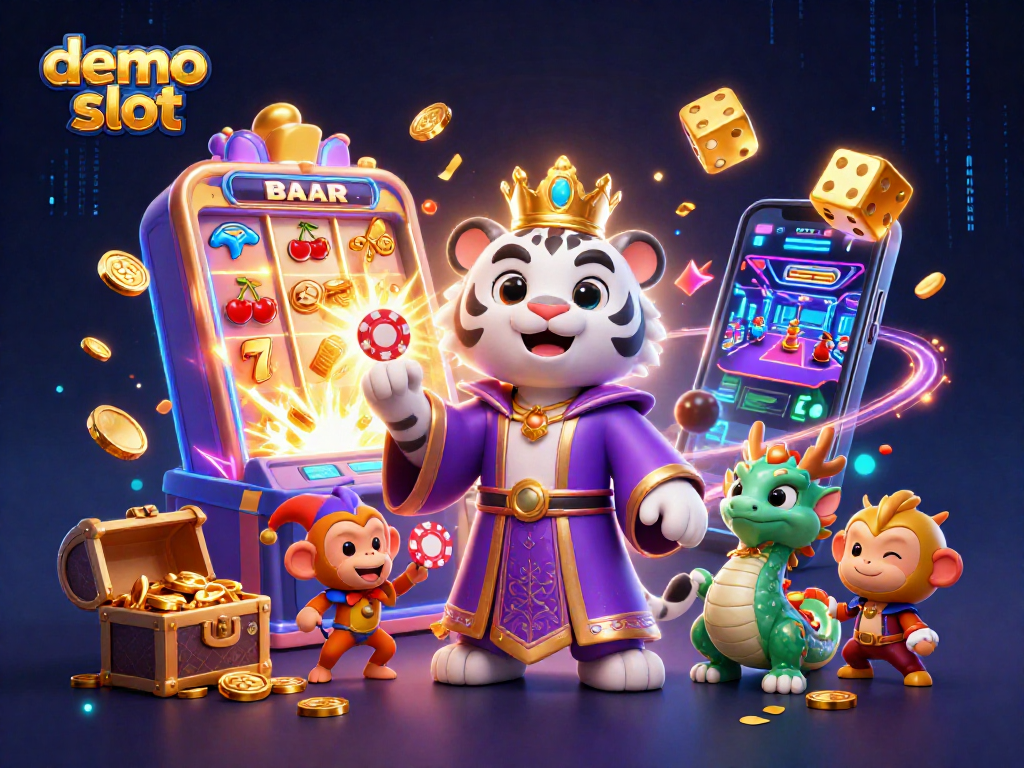 Demo slot menampilkan simbol jackpot slot emas dan karakter warna-warni dalam desain menawan.