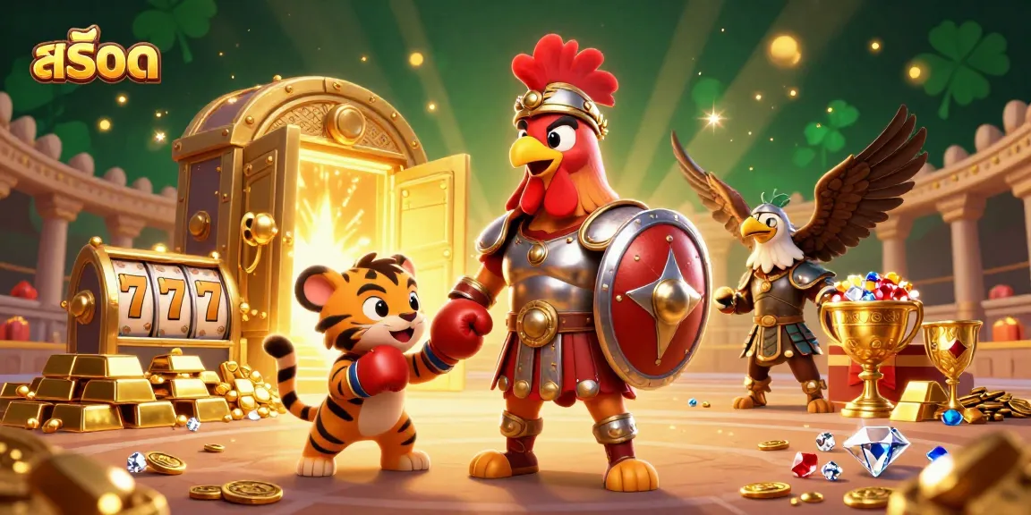 Experience the thrill of สล็อต with a 3D gladiator rooster and treasure in a vibrant casino scene.